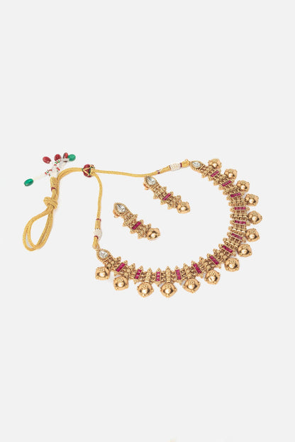 Gold & Pink Stone Embellished Necklace Set 