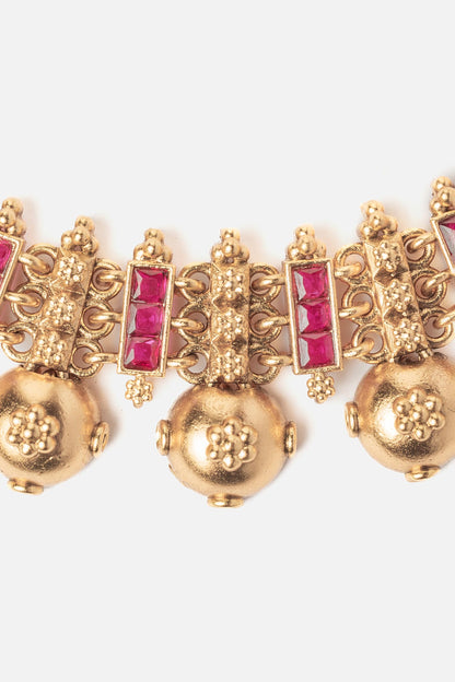 Gold & Pink Stone Embellished Necklace Set 