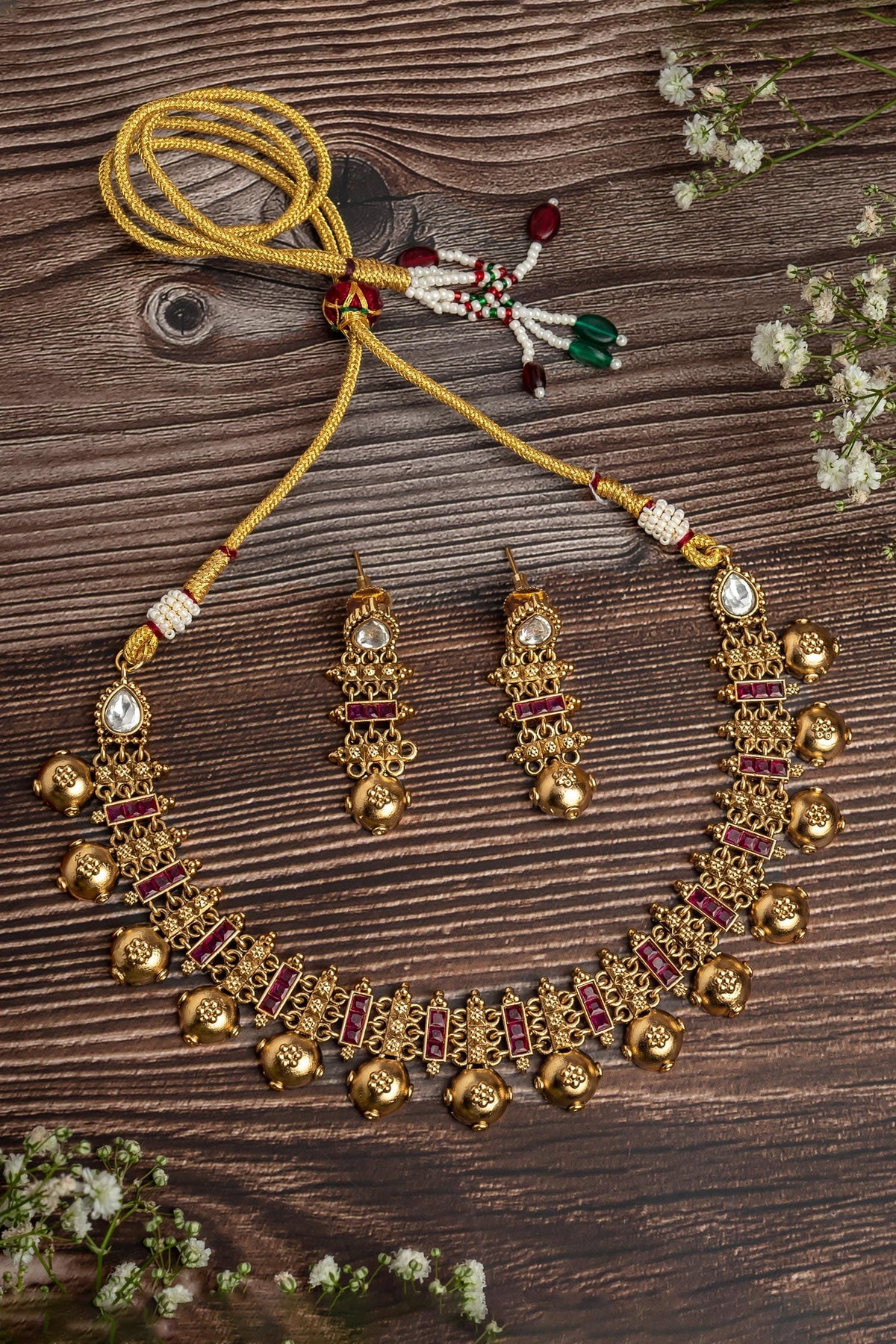 Gold & Pink Stone Embellished Necklace Set 