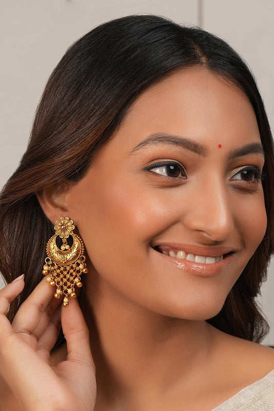 Long Pearl Drop Antique Gold Earrings 