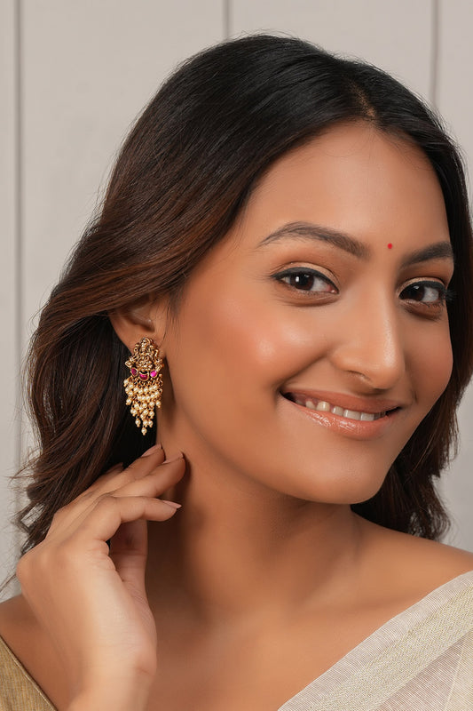 Maa Lakshmi Pearl Drop Antique Gold Earrings 