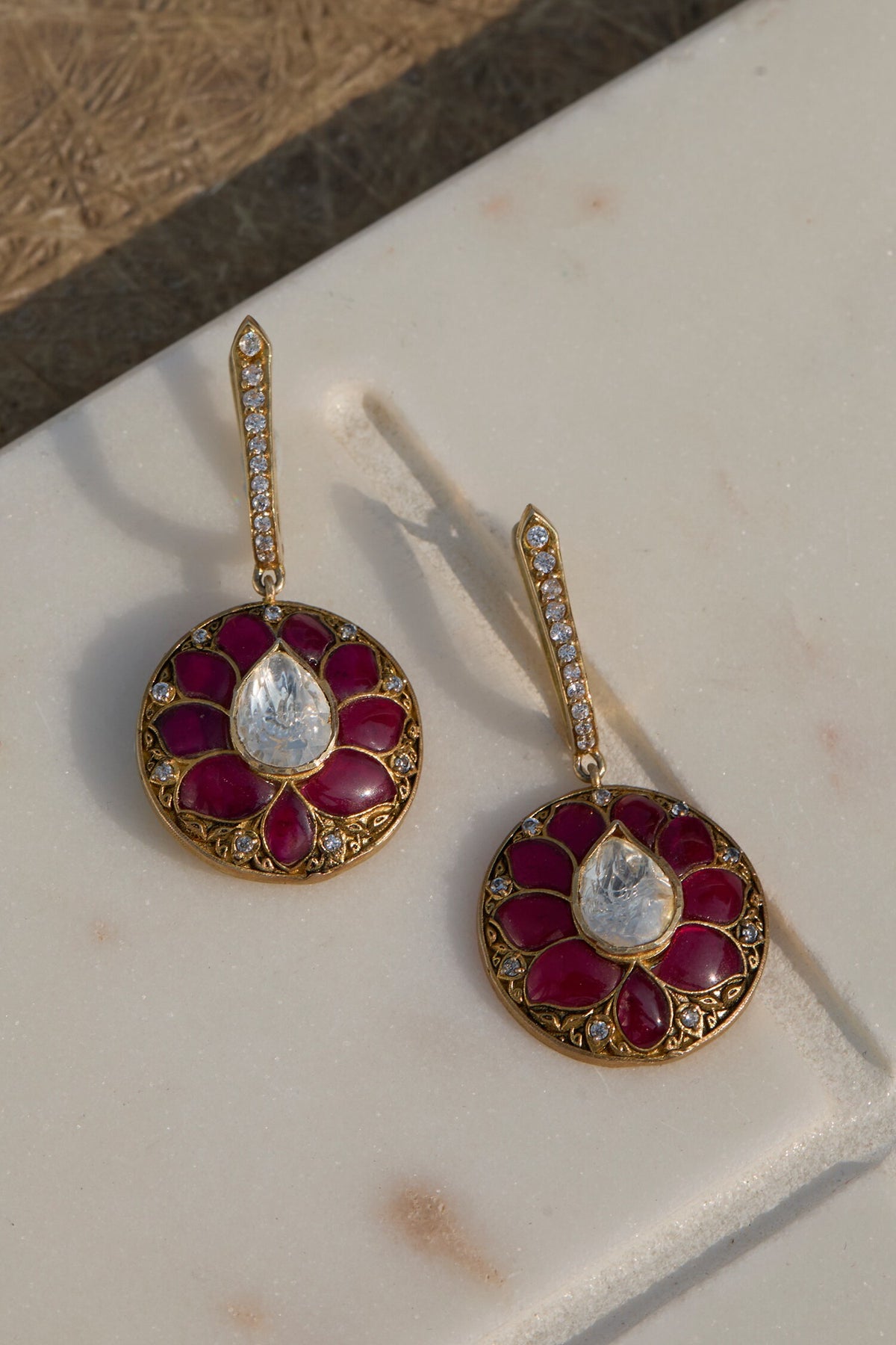 Red & Gold Polki Round Motif Earrings 