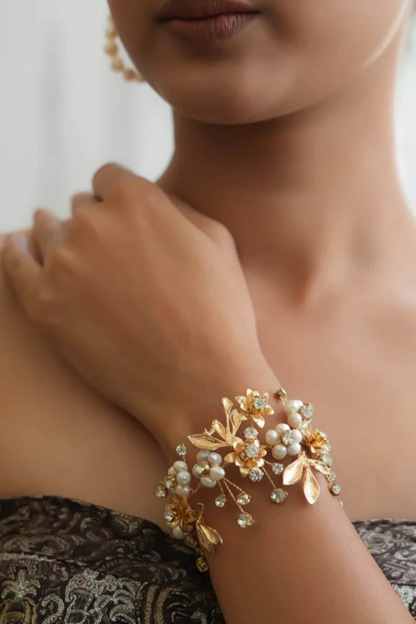 Floral Pearl & Brass Bracelet 