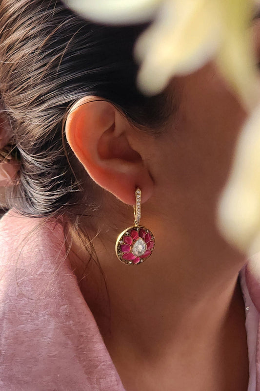 Red & Gold Polki Round Motif Earrings 