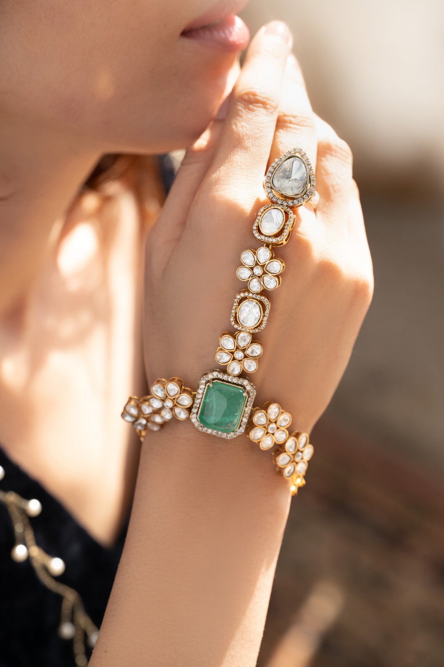 Floral Polki Hathphool Bracelet 