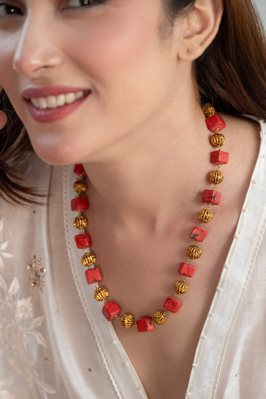 Red & Orange Beaded Necklace 