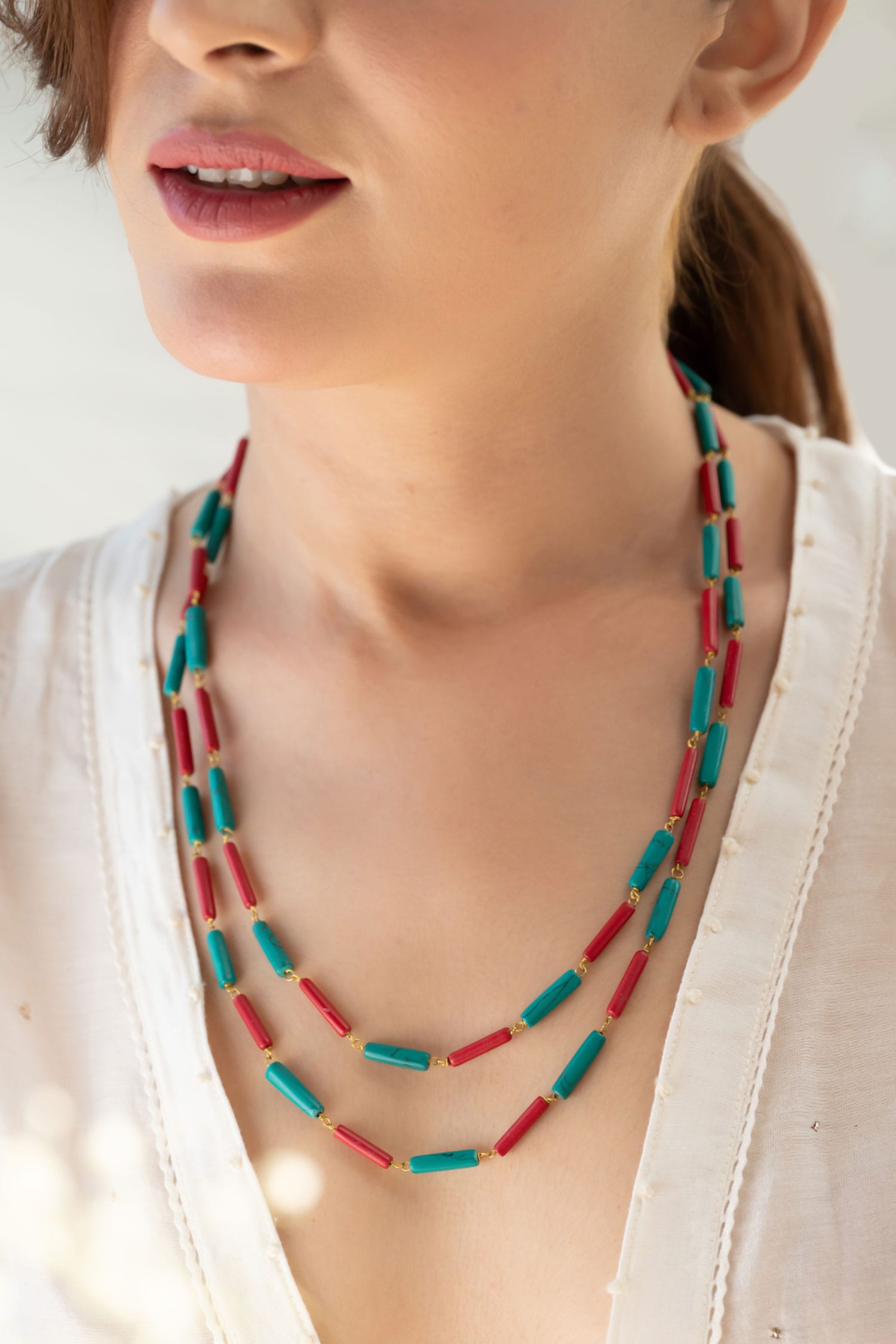 Layered Necklace with Turquoise & Red 