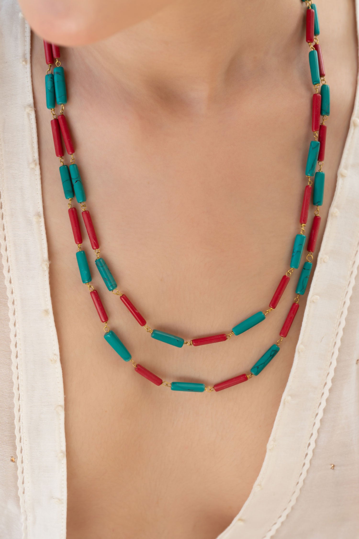 Layered Necklace with Turquoise & Red 