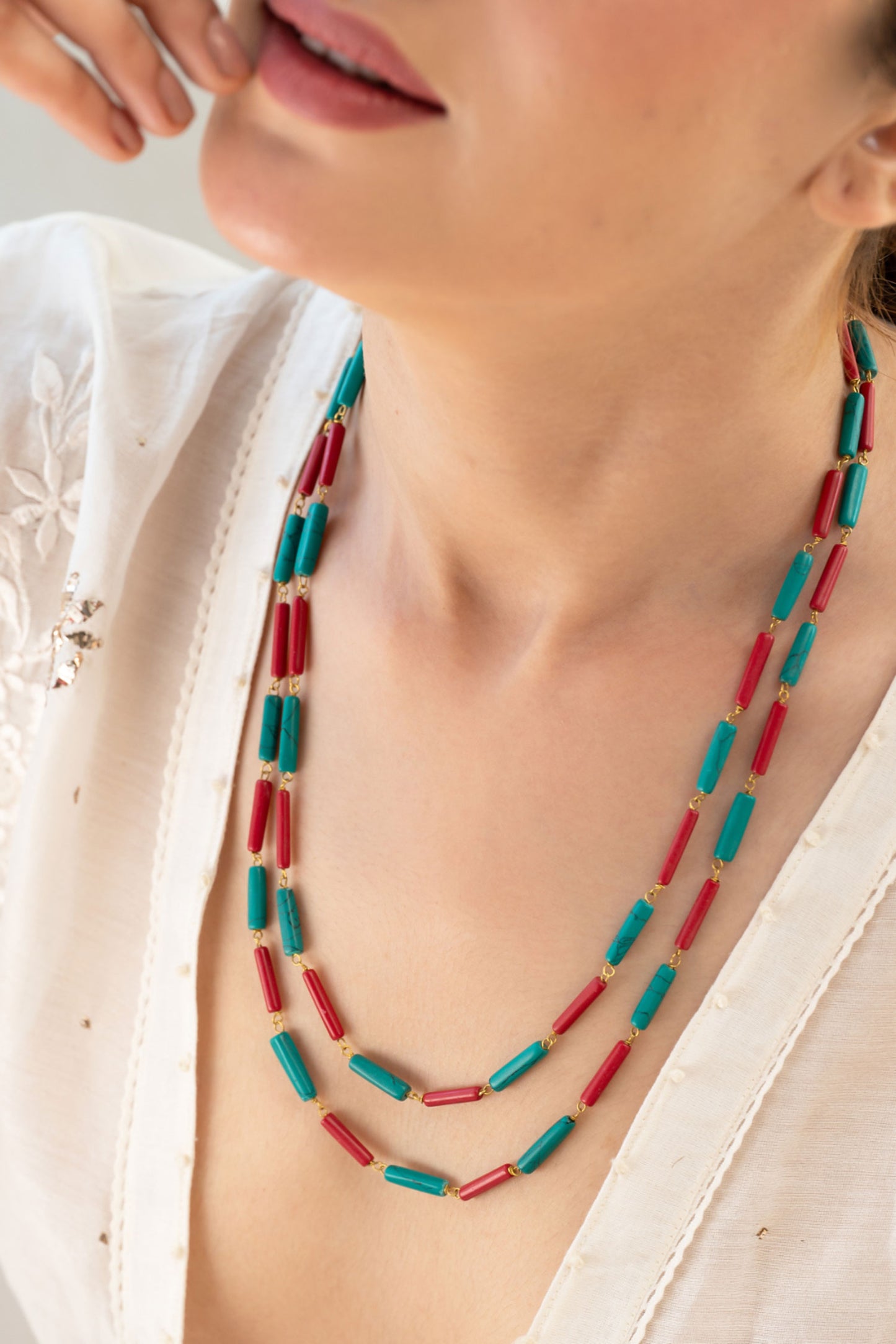 Layered Necklace with Turquoise & Red 