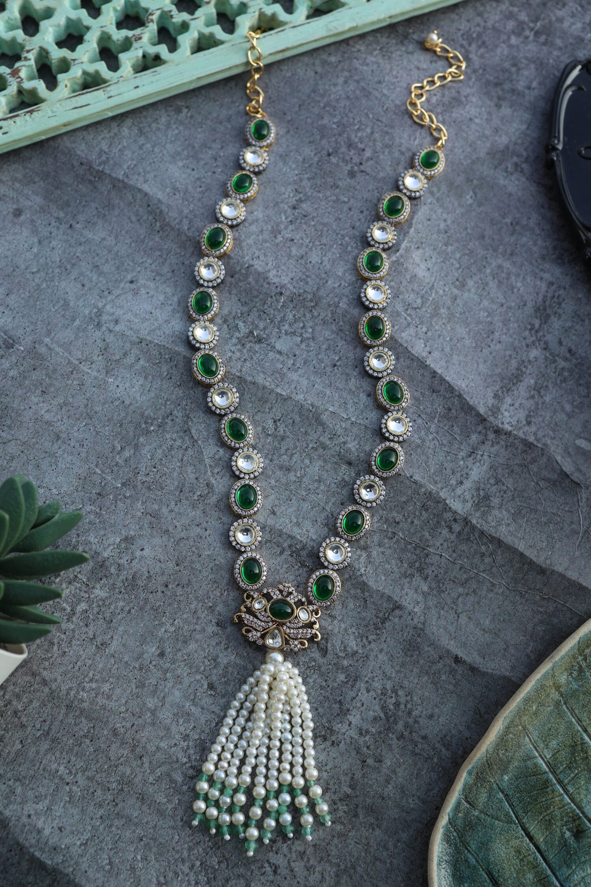 Polki Necklace with Pearl Tassel 
