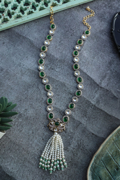 Polki Necklace with Pearl Tassel 