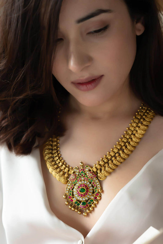 Temple Necklace with Peacock Pendant 