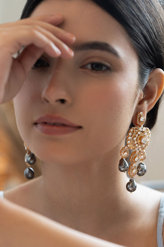Polki Danglers With Zirconia & Pearls 