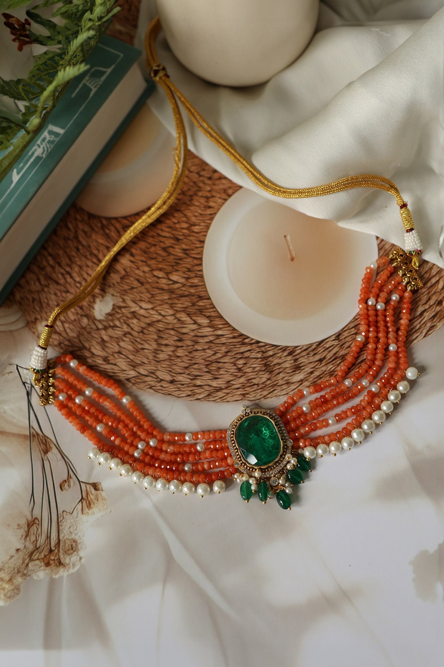 Beaded Choker Necklace With Green Stone 
