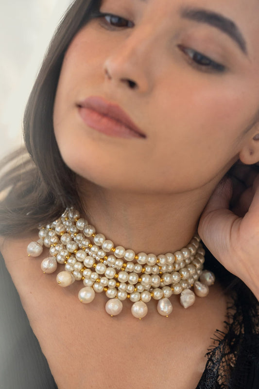Gold Pearl Choker Necklace 