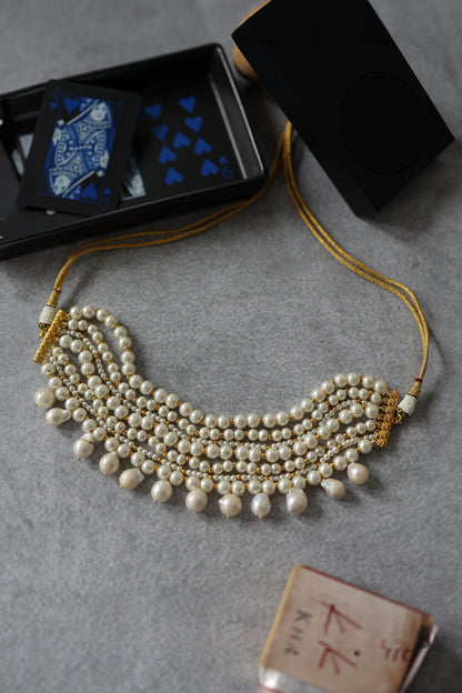 Gold Pearl Choker Necklace 