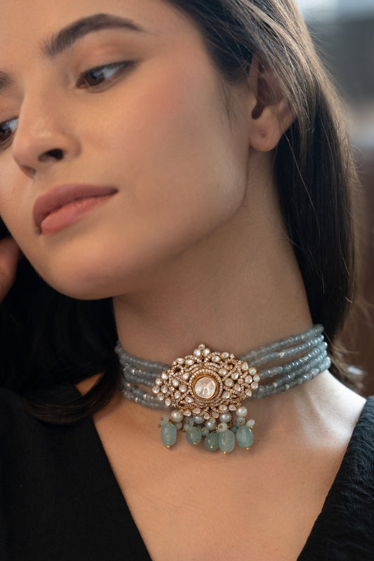 Polki Choker Necklace with Blue Onyx 