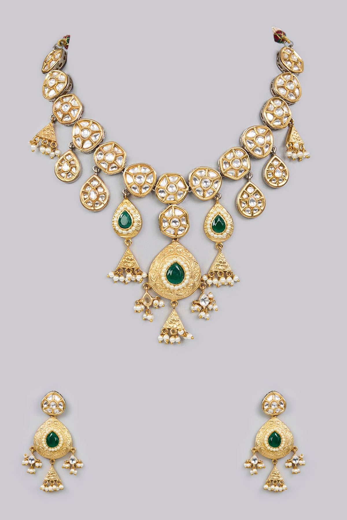 Kundan Polki Emerald Green Necklace Set 