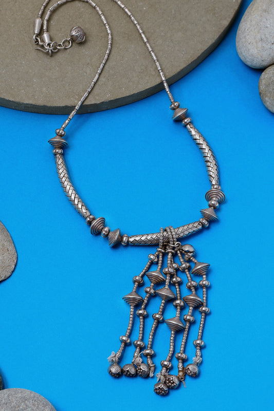 Tribal Beaded Silver Long Necklace 