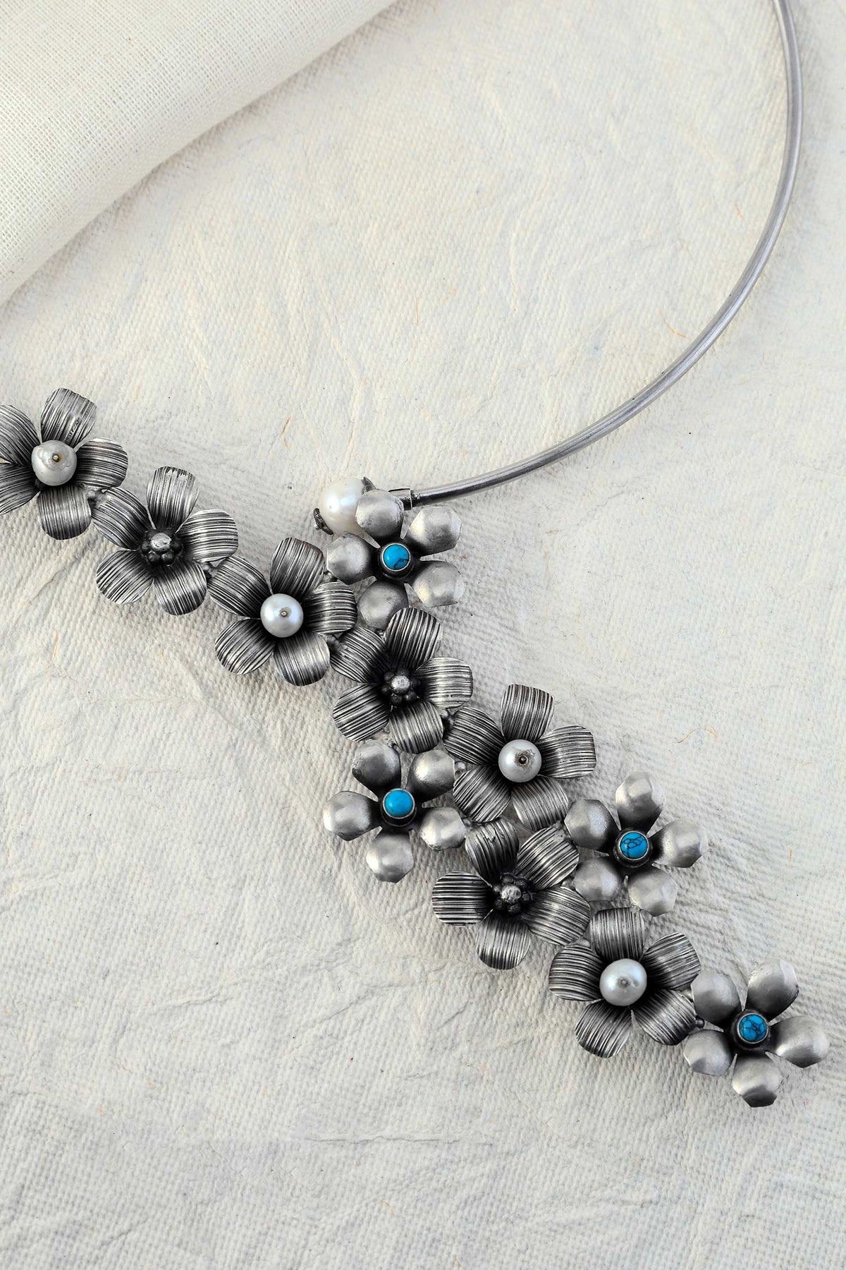 Floral Turquoise Silver Choker Necklace 