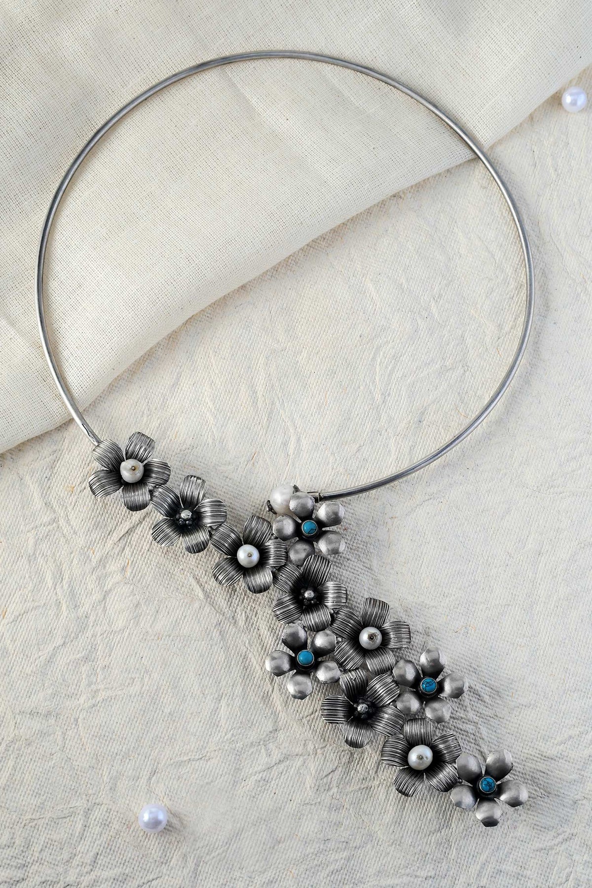 Floral Turquoise Silver Choker Necklace 