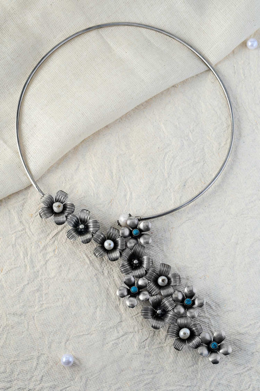 Floral Turquoise Silver Choker Necklace 