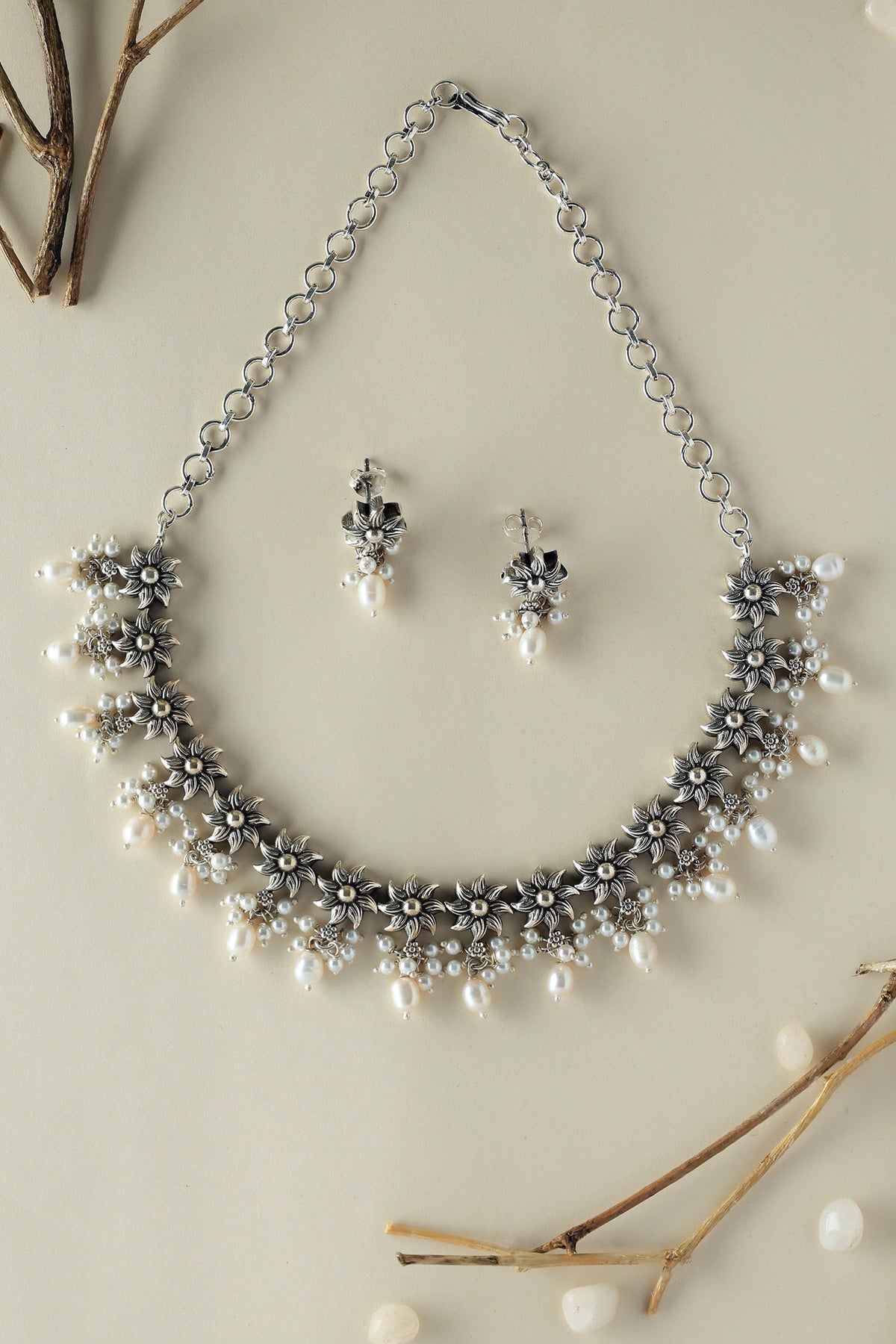 Floral Silver Necklace Set 