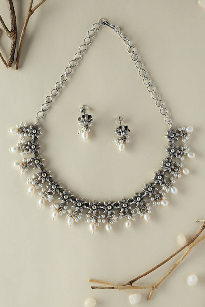 Floral Silver Necklace Set 