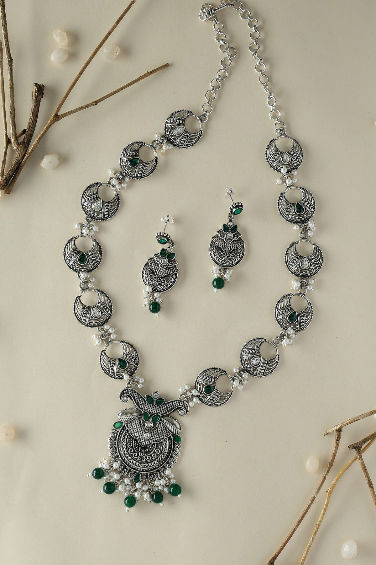 Silver Peacock Long Necklace Set 