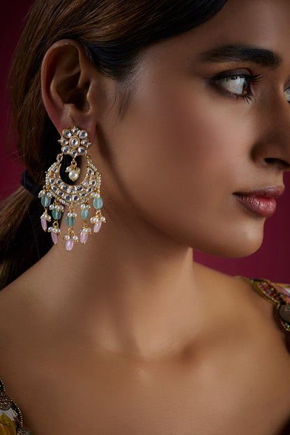 Kundan Chandbalis with Teal & Pink Drops 