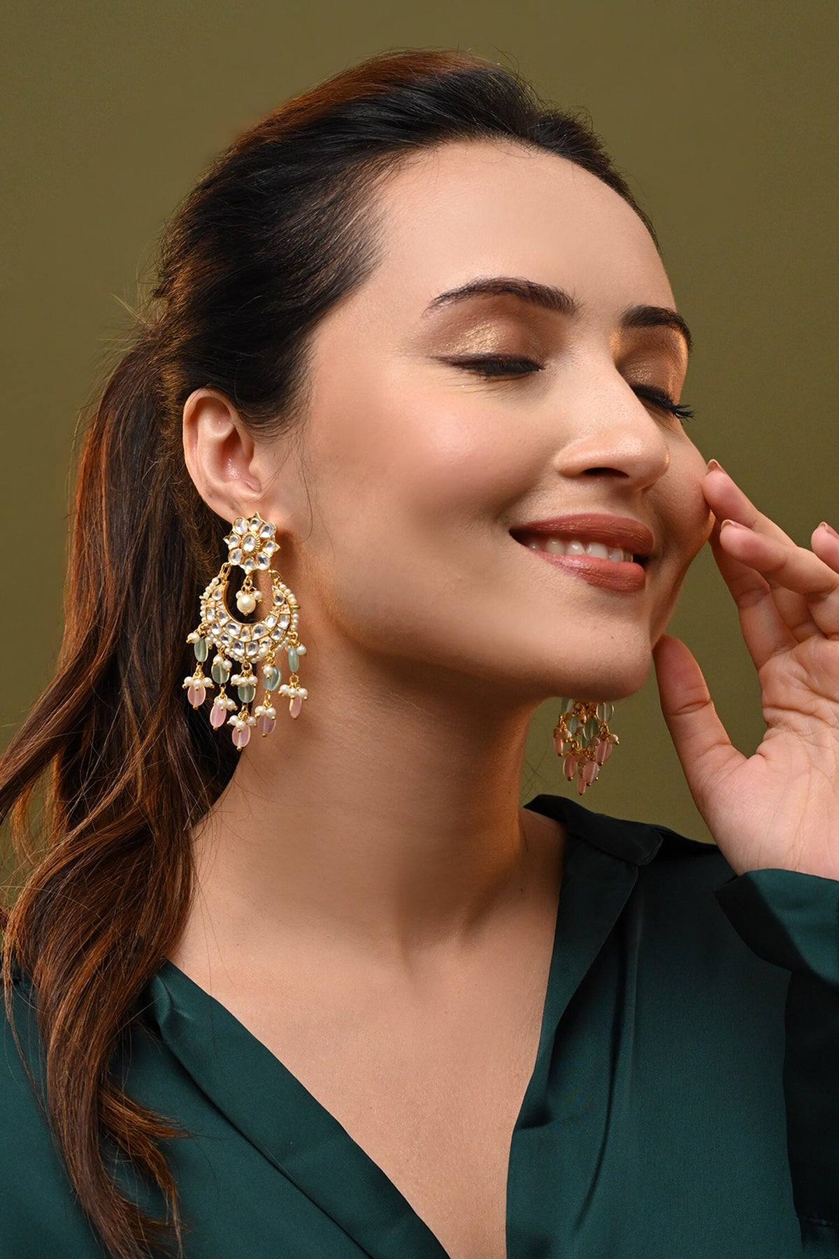 Kundan Chandbalis with Teal & Pink Drops 