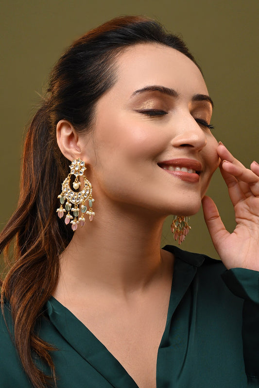 Kundan Chandbalis with Teal & Pink Drops 