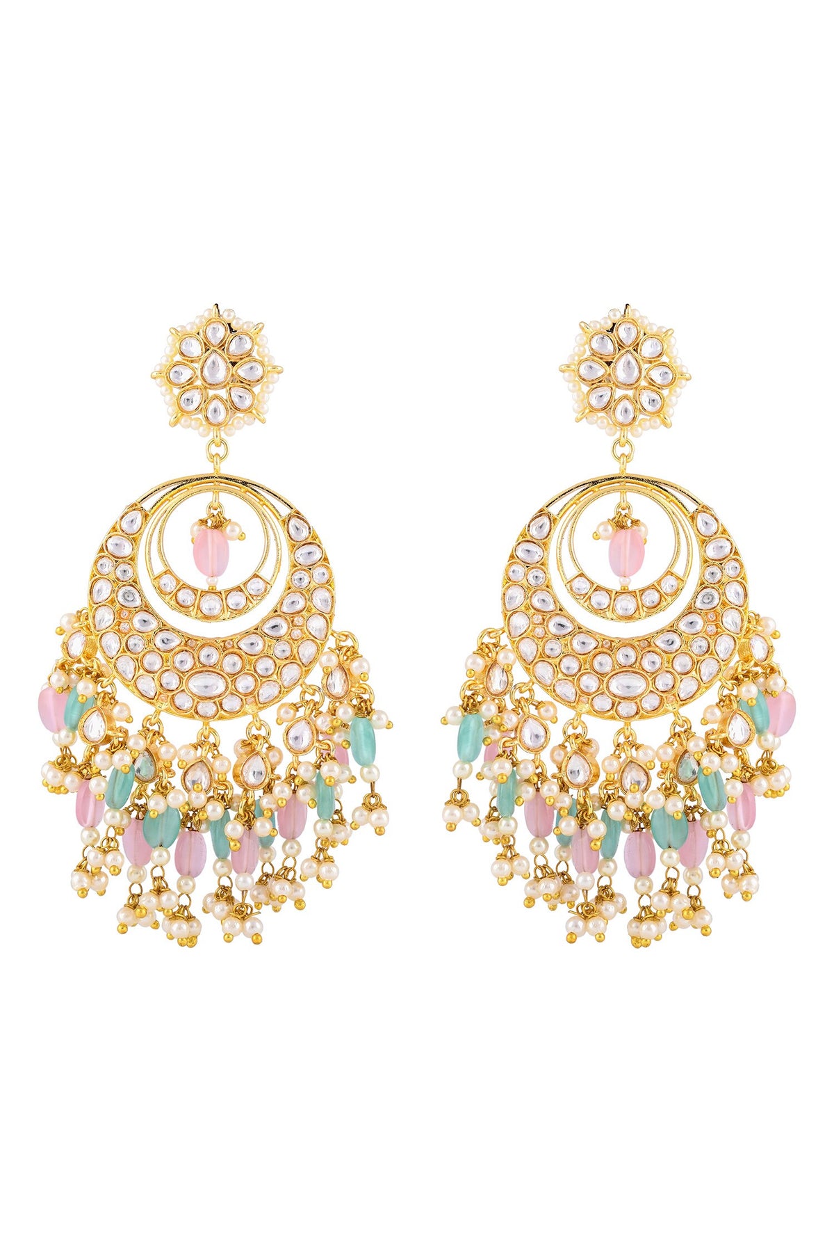 Kundan Chandbalis with Teal & Pink Drops 