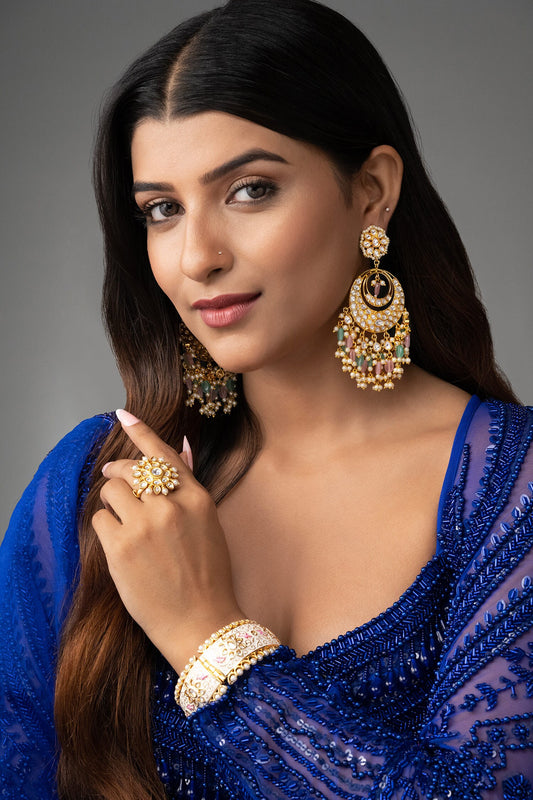Kundan Chandbalis with Teal & Pink Drops 