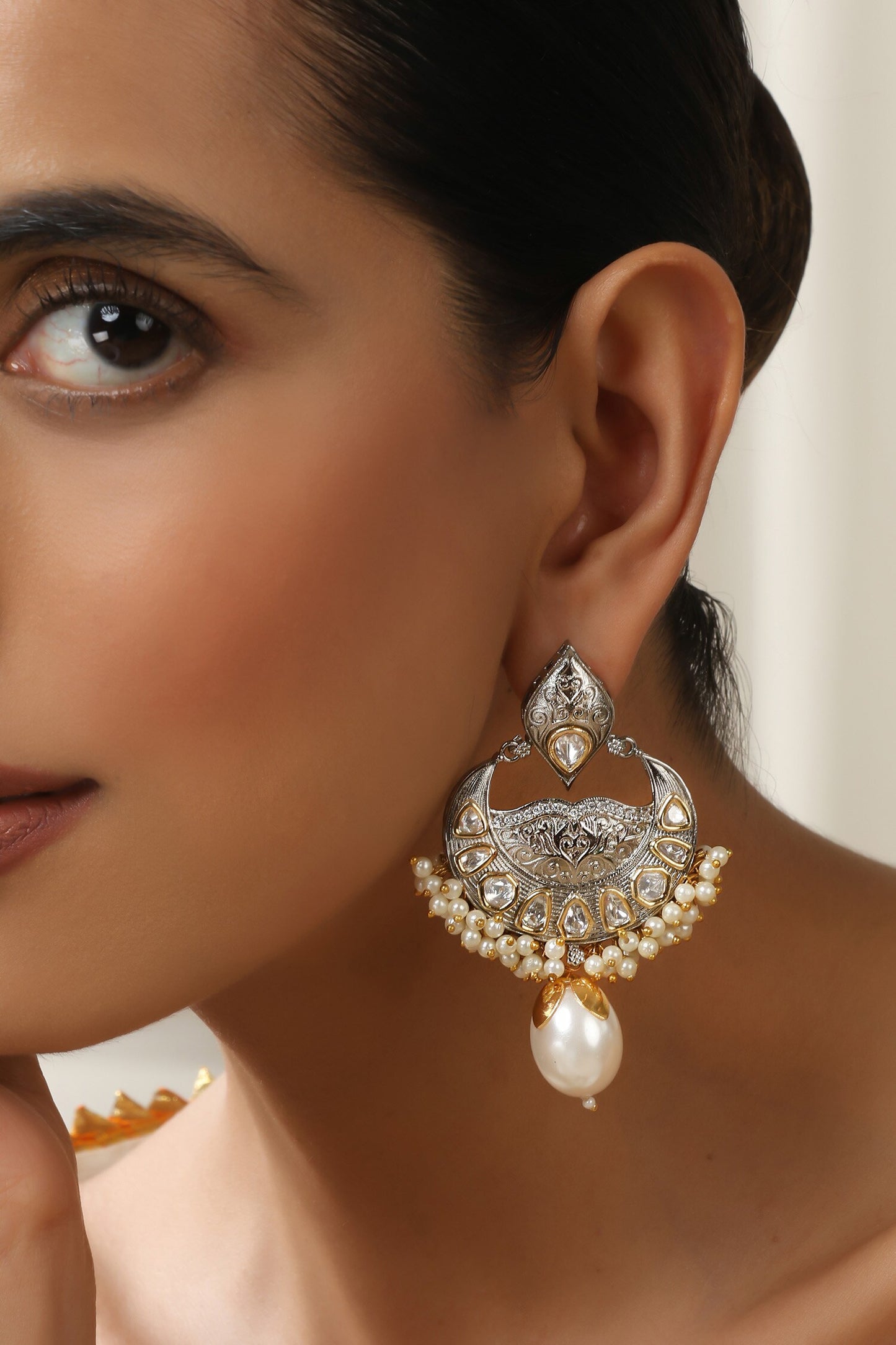 Silver Polki Chandbali Earrings 