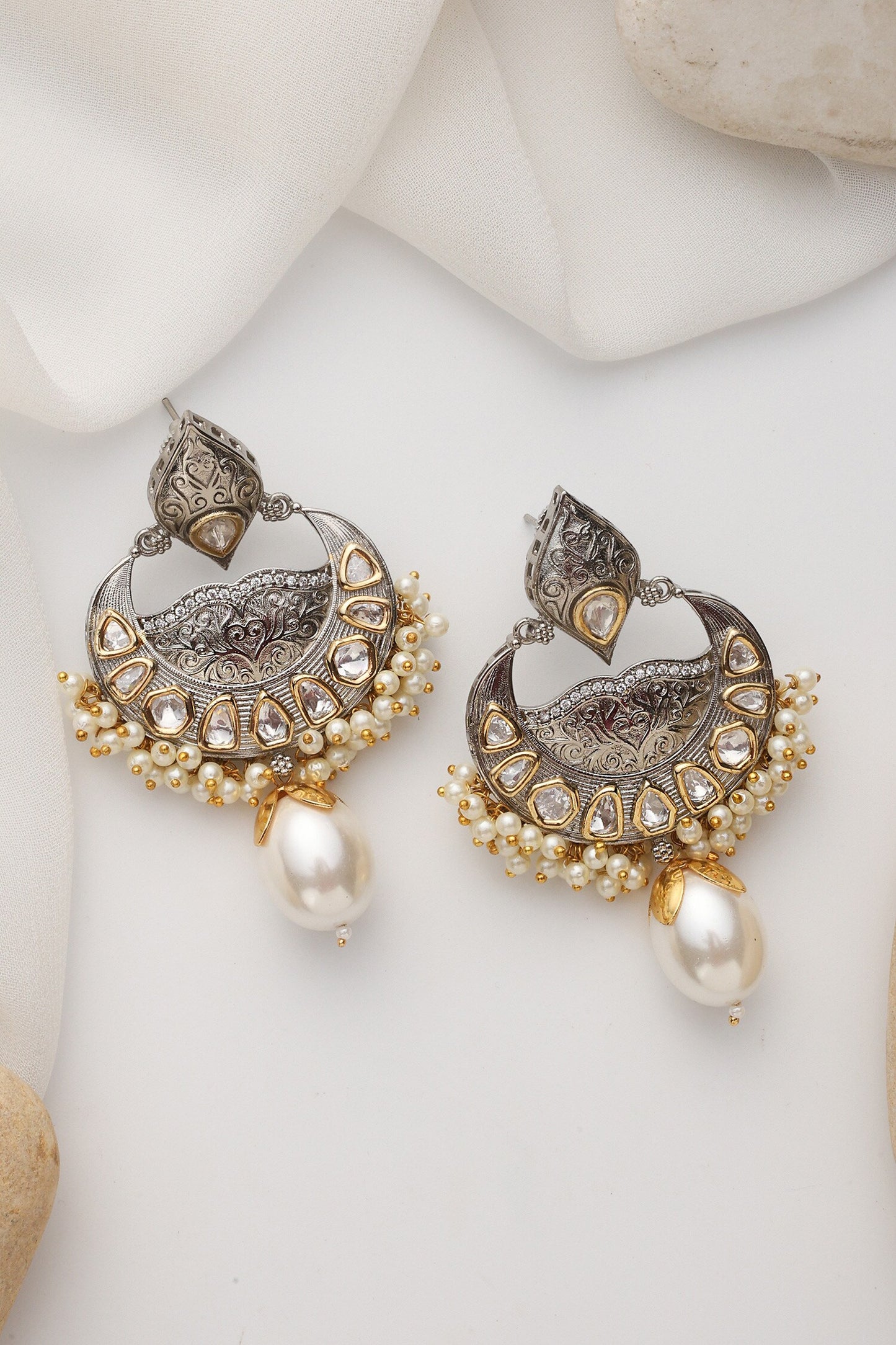 Silver Polki Chandbali Earrings 