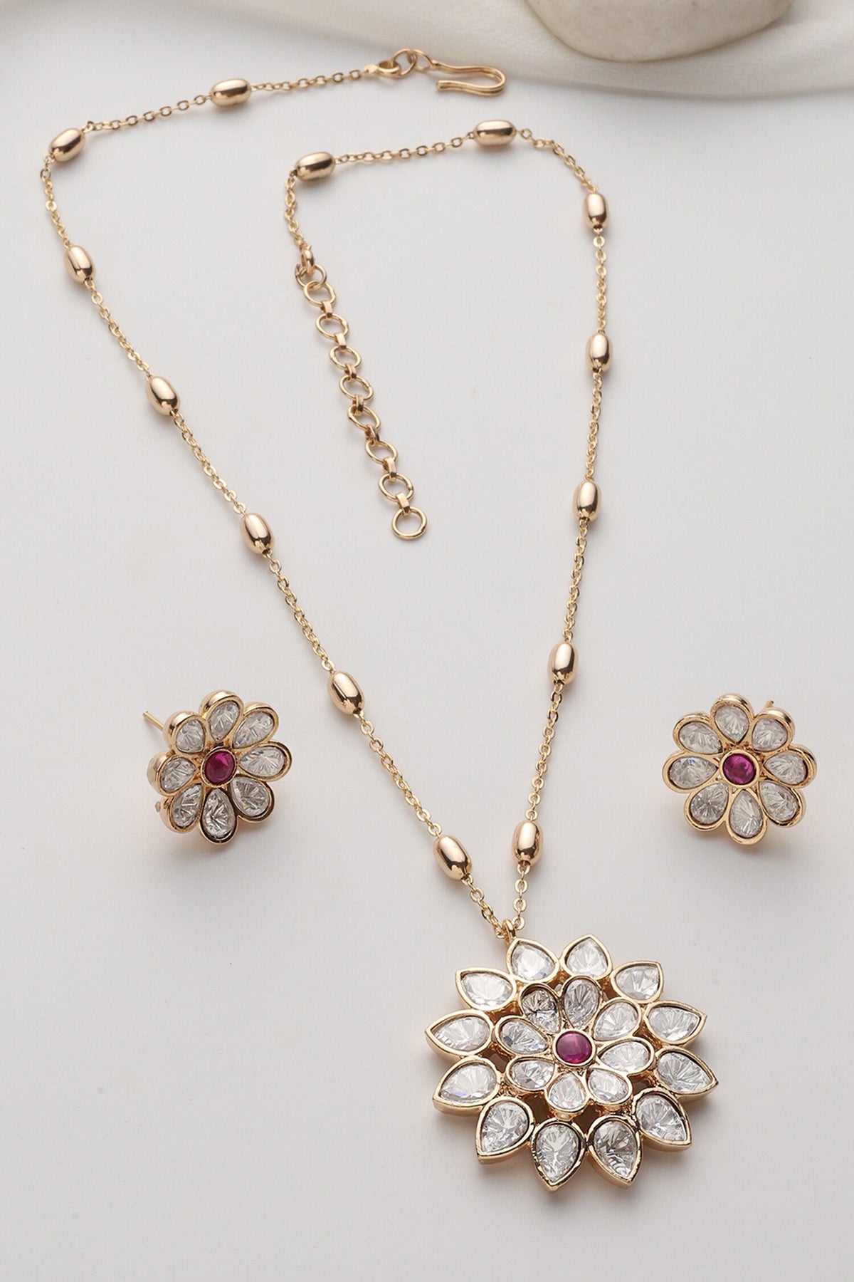Red Rose Gold Polki Pendant Set 