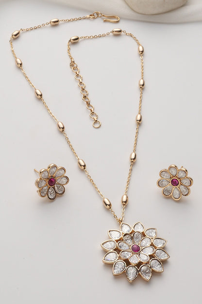 Red Rose Gold Polki Pendant Set 
