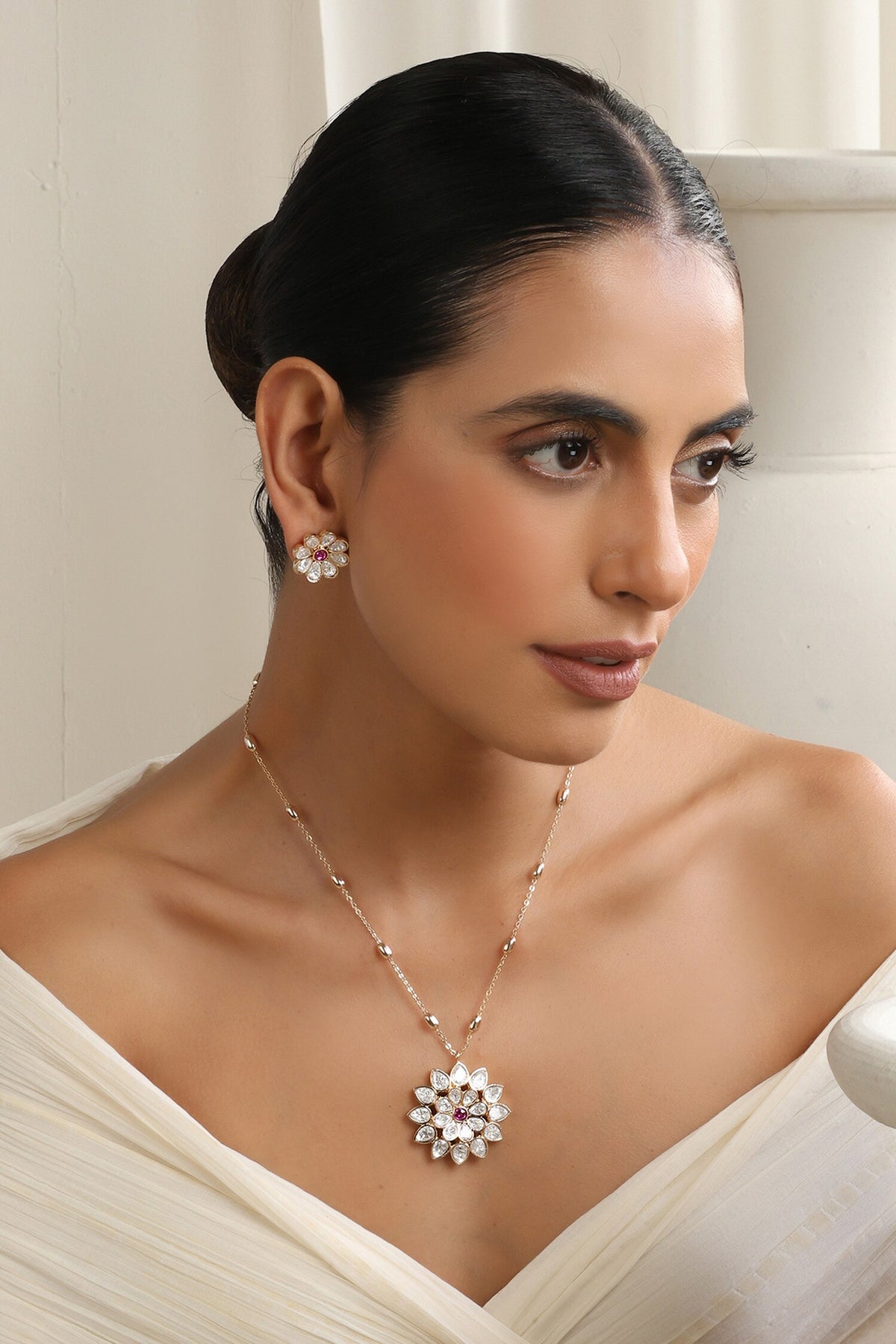Red Rose Gold Polki Pendant Set 