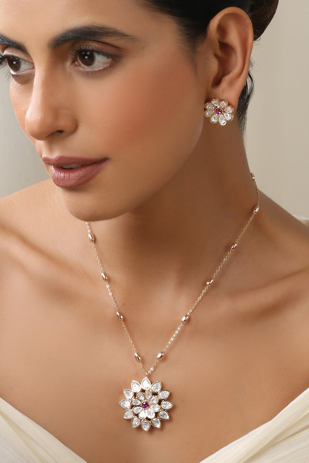 Red Rose Gold Polki Pendant Set 