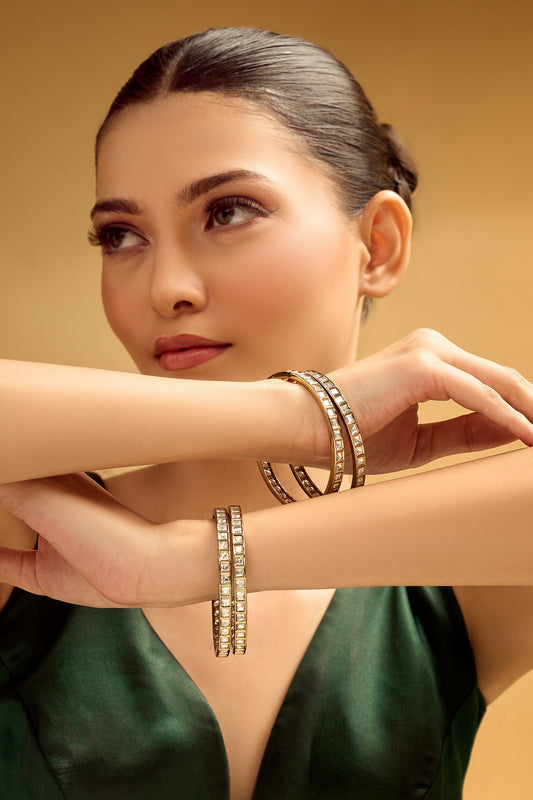 Gold & White Stone Embellished Bangle Set 