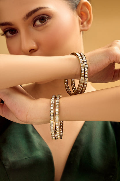 Gold & White Stone Embellished Bangle Set 
