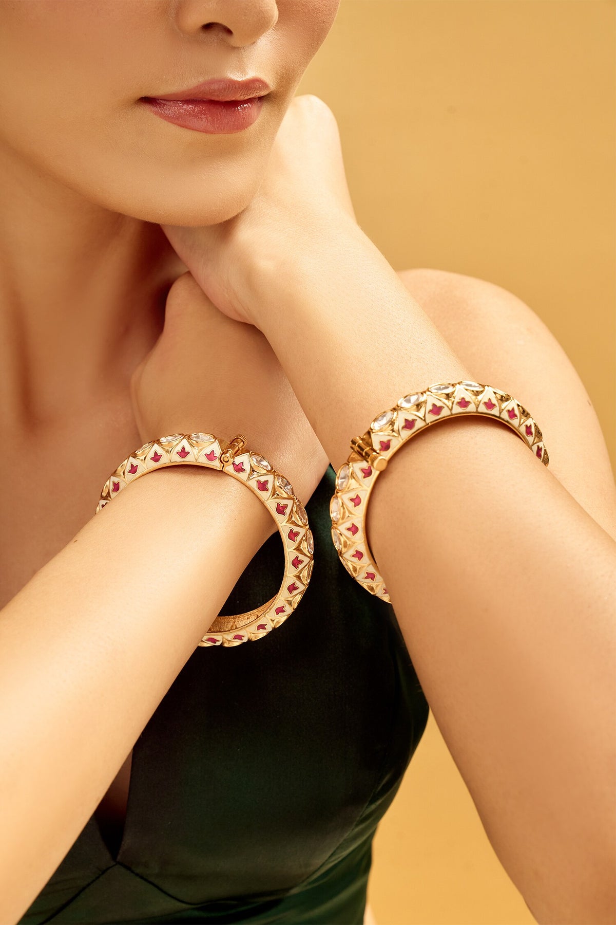 Cream & Red Stone Embellished Bangles Set 
