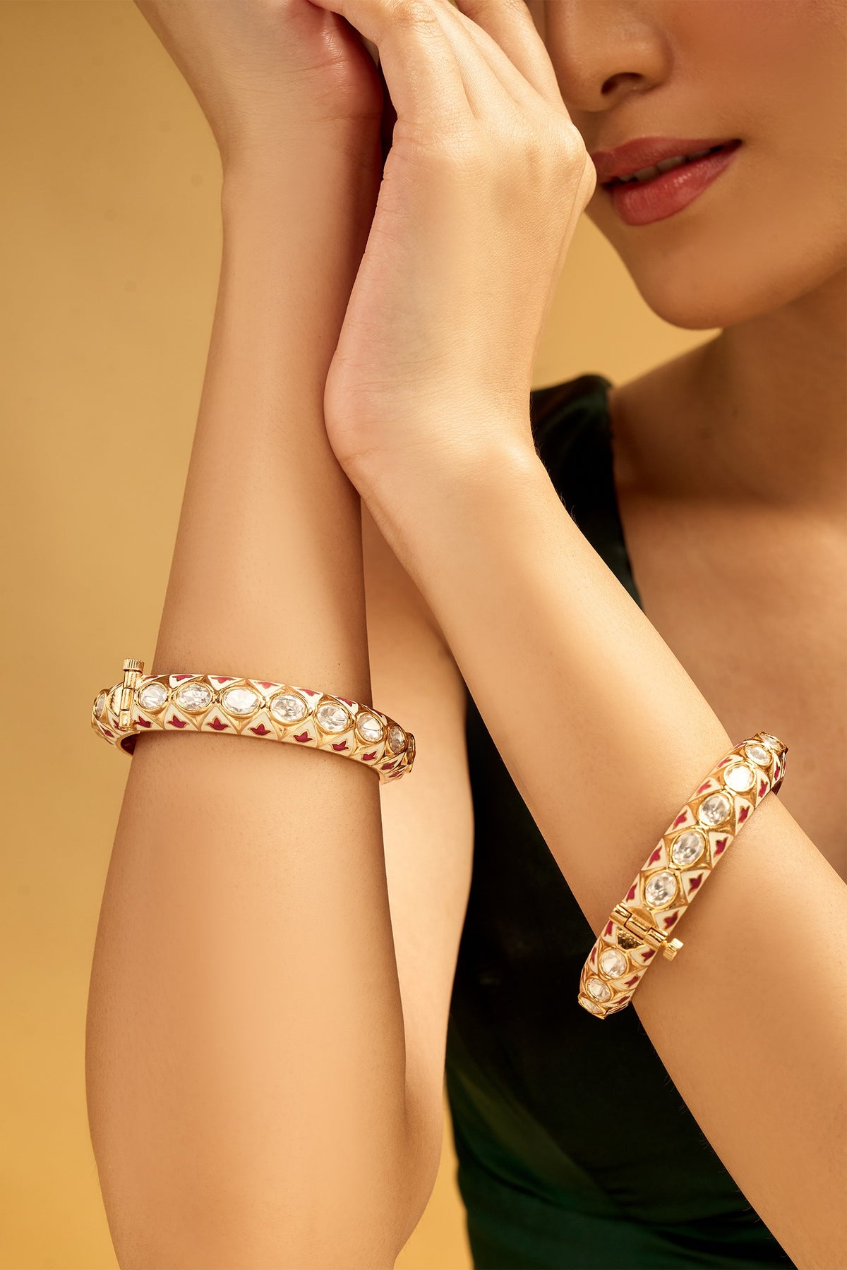 Cream & Red Stone Embellished Bangles Set 