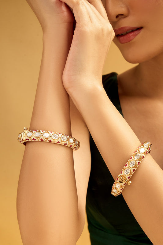 Cream & Red Stone Embellished Bangles Set 
