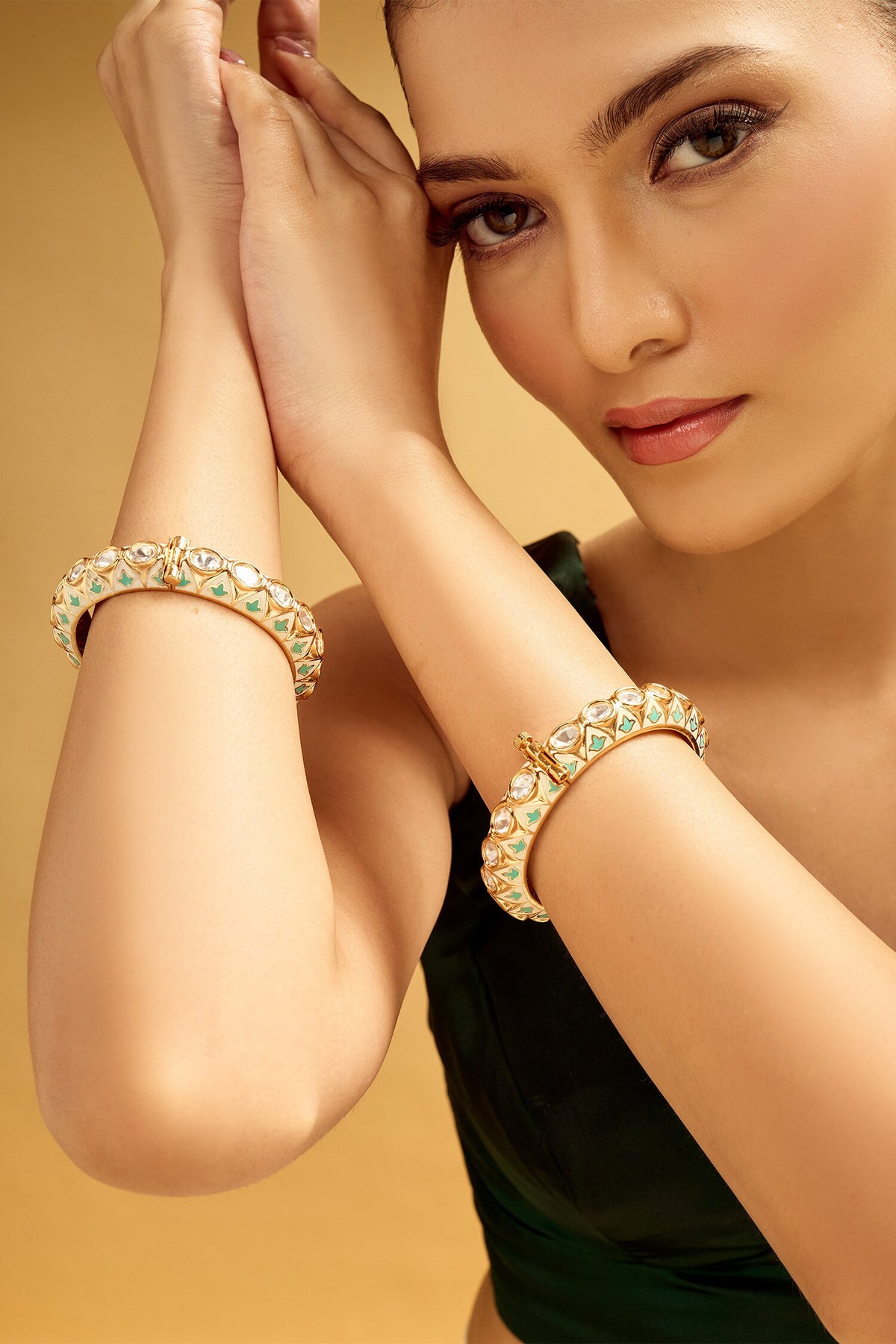 Cream & Mint Stone Embellished Bangles Set 