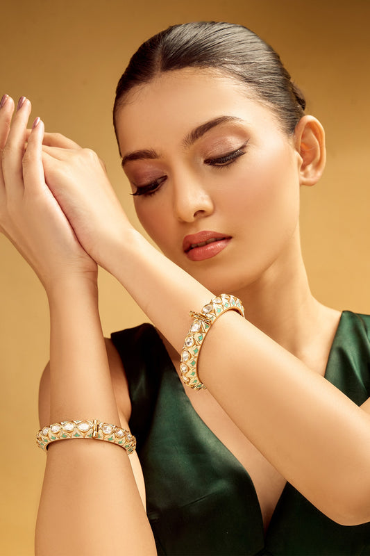 Cream & Mint Stone Embellished Bangles Set 