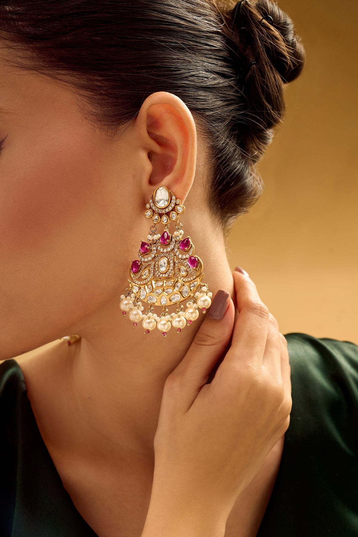 Ruby Stone Embellished Dangler Earrings 