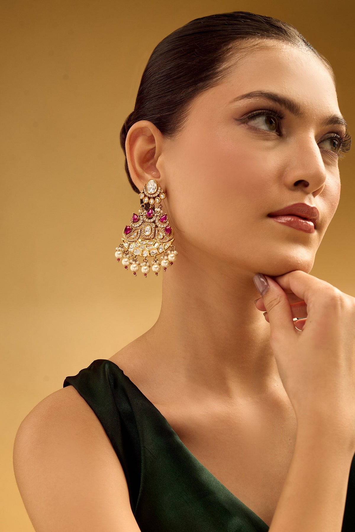 Ruby Stone Embellished Dangler Earrings 