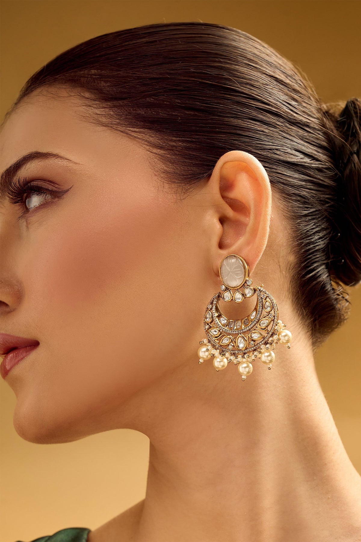 Gold & White Chandbali Earrings 